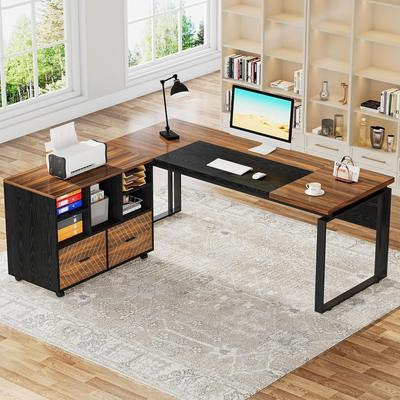 OEM "63"" L-Shaped Executive Desk Reversible File Cabinet Combo, Office Computer Desk Set with Storage Drawers"