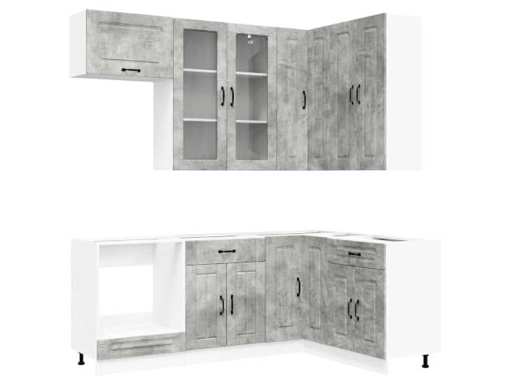 Makastle Küchenschrank-Set 8-teilig in Betongrau aus Holzwerkstoff mit Glastür, Eckschrank und Schubladen