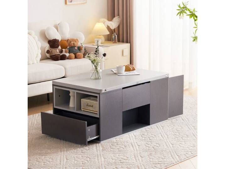 Table Basse avec Plateau Relevable Bureau à 2 Tiroirs et Rangement Ouvert 100x51x47cm Table Multifonctionnelle Blanc et Gris.