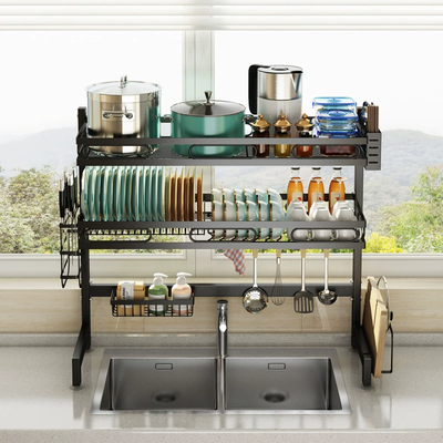 Multisell Products Hub Kitchen Storage Organizer With Over the Sink Dish Drying Rack, Utensil Holder, Sponge Holder And Hooks black