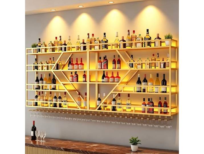 SPTZQURY Weinregal zur Wandmontage mit Wein Glashalter, 3 Lagiger Großes Industriell Schwebende Wandmontage Weinflaschenhalter, Bar Multifunktionaler Weinpareite Display Rack (Gold, 4 Tier,240cm)