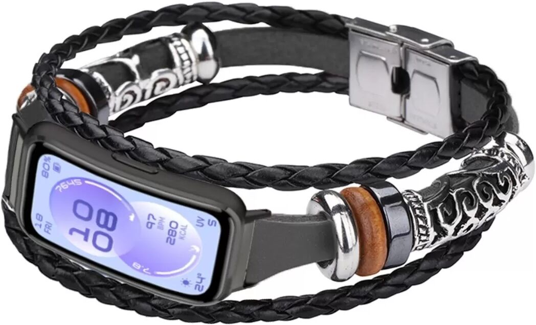 INF Perlenbesetztes PU-Leder Ersatzarmband, kompatibel mit Huawei Band 11/11 Pro – Ethnisch-vintage Stil, Komfortabler Sitz, Schwarz