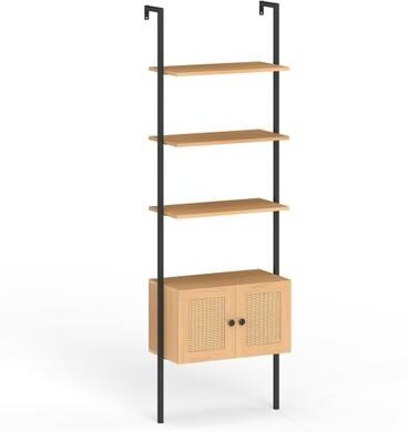 Costway 5-Tier Ladder Bookcase with Rattan Cabinet and Metal Frame-Natural