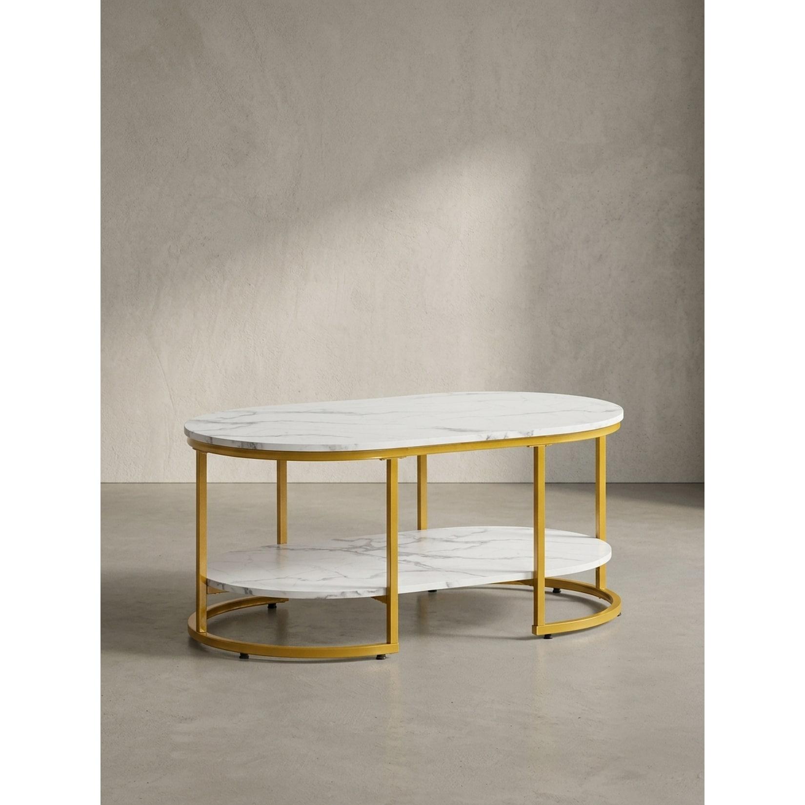 Couchtisch mit Marmor Optik, rechteckig, Ablage, goldenes Metallgestell, Weiß 100x60x45 cm