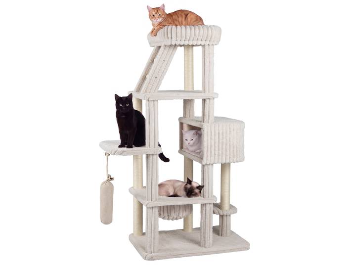 180 cm Hoge Meerlaagse Krabpaal voor Grote Katten Kattenboom met Observatieplatform Kattenhuis Hangmat Beige