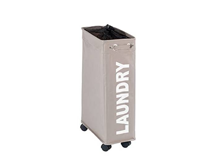 WENKO Panier à linge étroit \ Laundry\ \, panier linge roulettes\, Corno taupe\, Polyester\, 43 l\, 18.5 x 60 x 40 cm