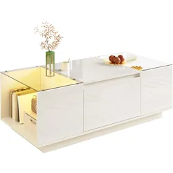 Moderner Couchtisch 105x50x35 cm mit Stauraum, LED-Beleuchtung und Glasplatte in Weiß – Mit 16 Farben, Bluetooth-Steuerung, und funktionalem Design