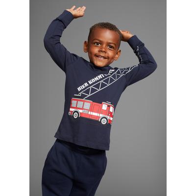 Langarmshirt KIDSWORLD "HIER KOMMT RETTUNG", Jungen, Gr. 116/122, blau (marine), Single Jersey, Obermaterial: 100% Baumwolle, bedruckt, Basic, Rundhals, Shirts Langarmshirt, Langarm, Basic-Passform, peppiger Druck