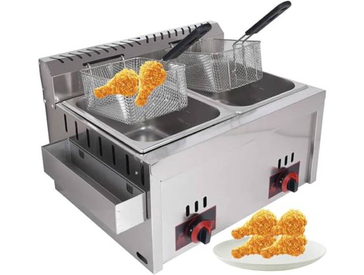 Flüssiggas-Fritteuse, Edelstahl, 10 l, 2 Stück, ideal für den privaten und gewerblichen Gebrauch, einstellbare Leistung, komplett mit Körben und Deckeln