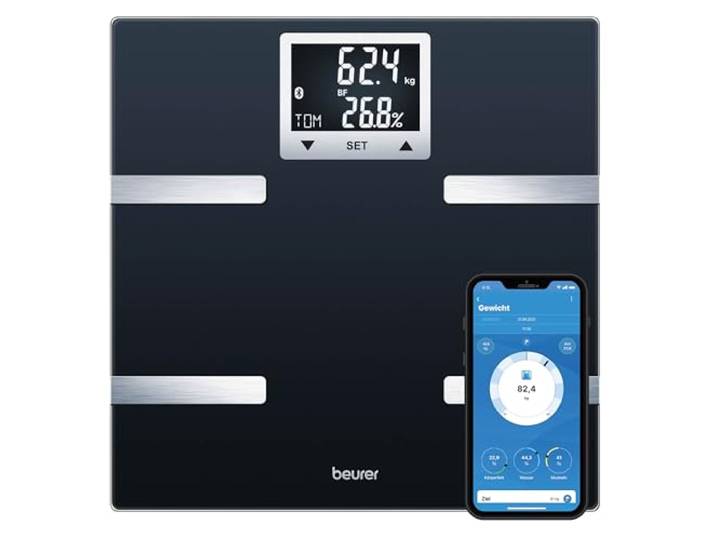 Beurer BF 720 Diagnosewaage mit Bluetooth(R)-Verbindung zur Smartphone-App, Bestimmung von Körpergewicht, Körperfett, Muskelanteil und Kalorienbedarf AMR/BMR, Schwarz, LCD