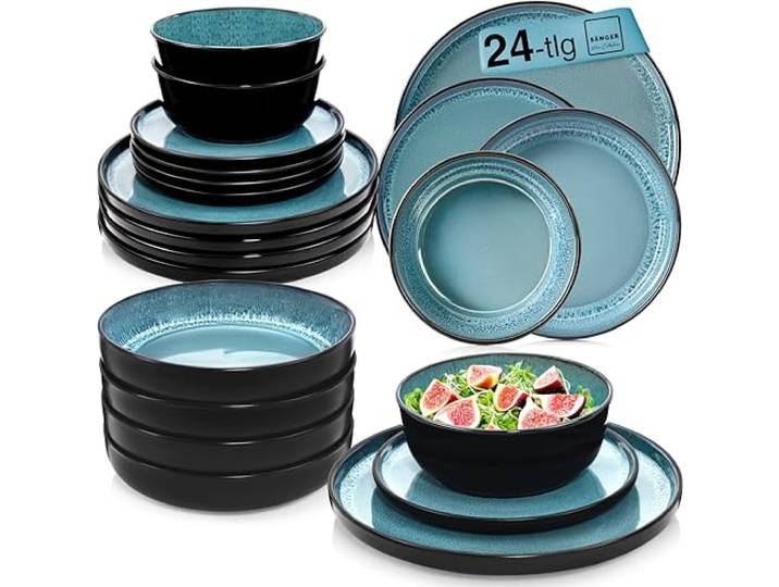SÄNGER Vigo Steingut Geschirrset 6 Personen, Teller Set 24-tlg Blau Handmade Geschirr Set: Tafelservice mit Tellern, Müslischalen & Pastateller, spülmaschinen- & mikrowellengeeignet, kratzfest