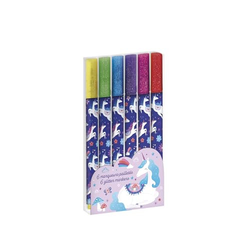 Janod Glitter Markers Eenhoorn-thema - 6 Kleuren - Magische Markers voor Tekenen en Knutselen
