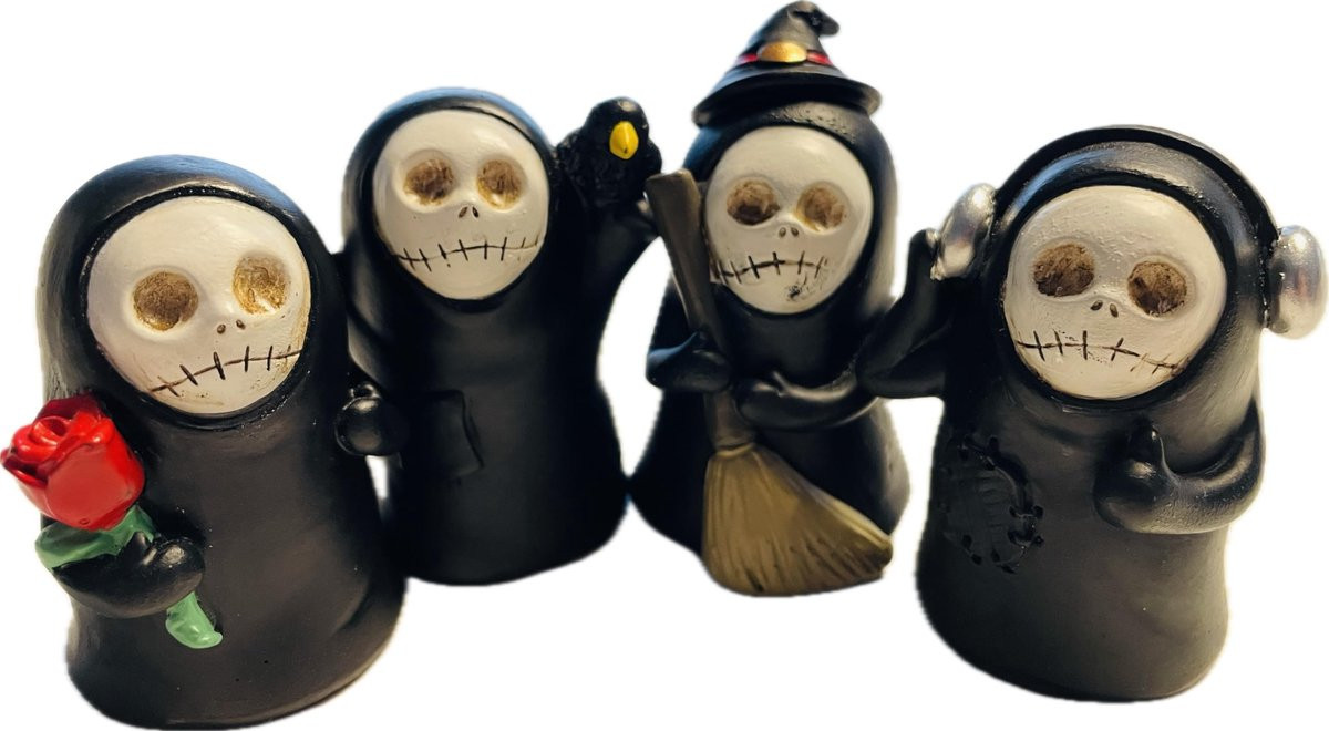 Set van 4 zwarte decoratieve Grim Reaper Halloween-figuren voor op tafel