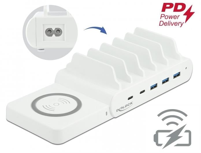 Delock USB-oplader en draadloze oplader, 110 W, 2 x USB Type-C PD en 3 x USB Type-A, wit