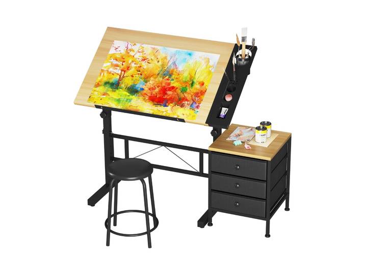 Table à dessin inclinable, bureau à dessin réglable avec tabouret 0 ° -60 ° Pour Dessinateur Architecte Peintre Ingénieur Couleur Bois Moderne