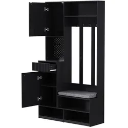 OKWISH Garderobenset Flurgarderobe 100x35x180 MDF mit Sitzbank 4 Haken Schubladen Lochwand Schuhbank Stauraum modern Schwarz