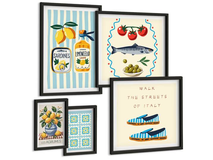 BILDER SET 5er Set - 50x50 cm & 20x30 cm & 40x60 cm Schwarzer Rahmen - Italienische Aromen, farbenfrohe Bilder