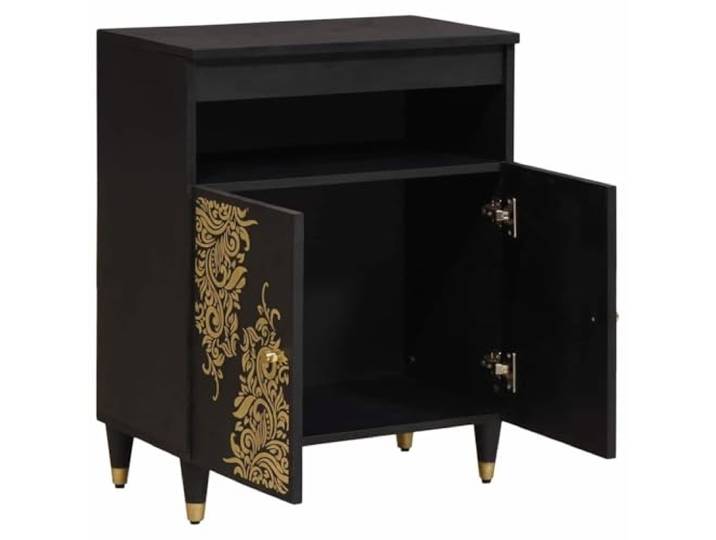 Sideboard Schwarz 60 x 33 x 75 cm Massivholz Mango Rechteckiges Design, Messing-Akzente, goldener Siebdruck, Stauraumfächer, stabile Beine