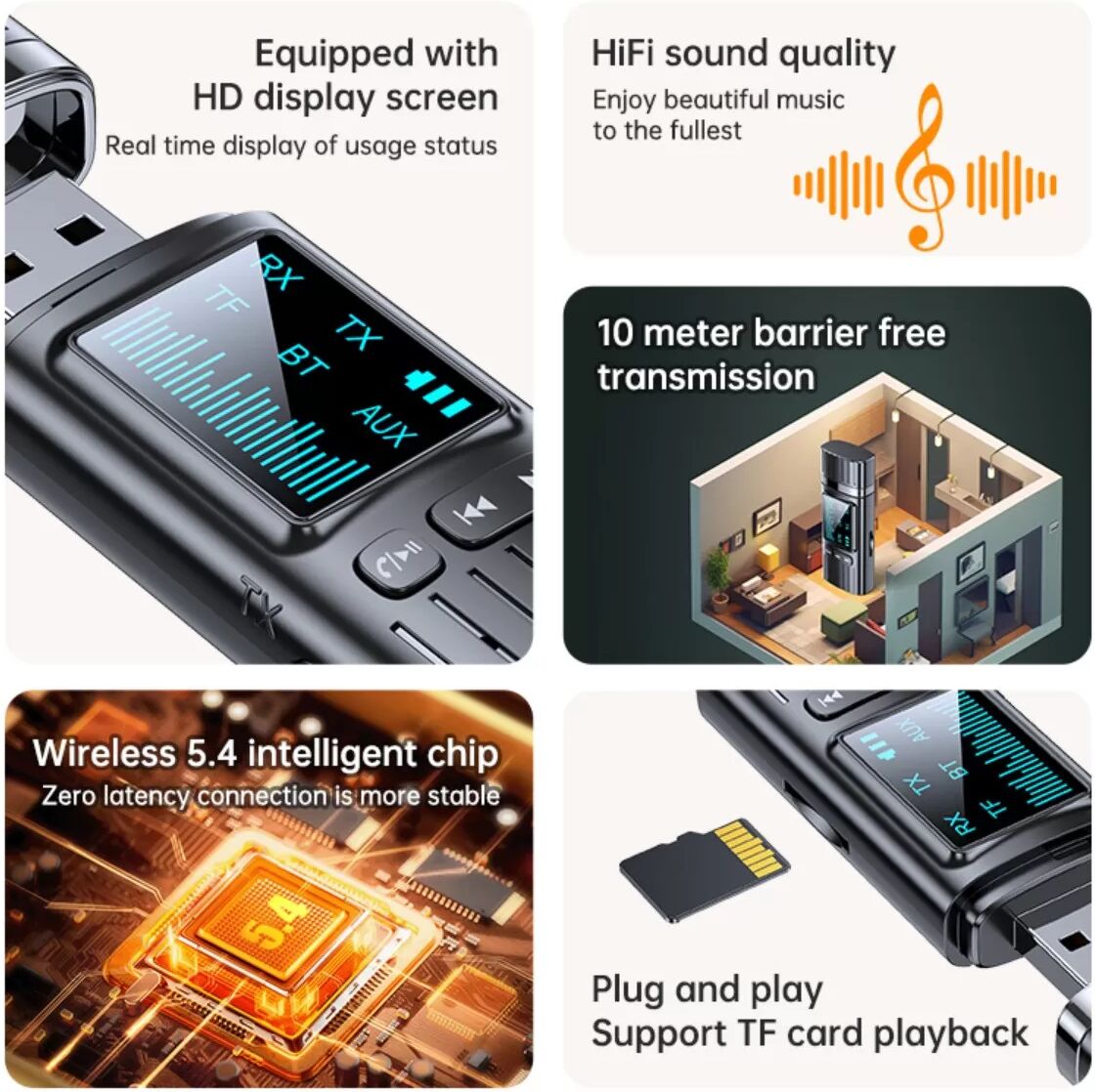 INF Adaptateur audio Bluetooth USB - Émetteur/Récepteur Bluetooth 5.4 avec entrée 3.5mm stéréo, portée 10m et appels