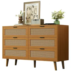 OKWISH Kommode 120x40x76 cm mit 6 Schubladen Schubladenschrank aus Holz Walnuss Retro Design Massivholzbeinen stabile Konstruktion Schlafzimmer