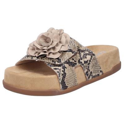 Pantolette RIEKER, Damen, Gr. 36, Textil, beige, kombiniert, Lederimitat, Reptilienprägung, Schuhe Pantolette, Sommerschuh, Urlaubsschuh, Strandschuh mit Blüte