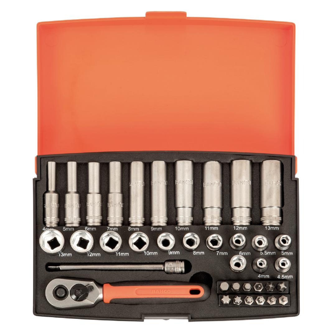 Bahco 1/4"-Steckschlüssel-Satz, metrisch, Sechskant inklusive Schraubendreher-Bits -37-teilig (SL25L)