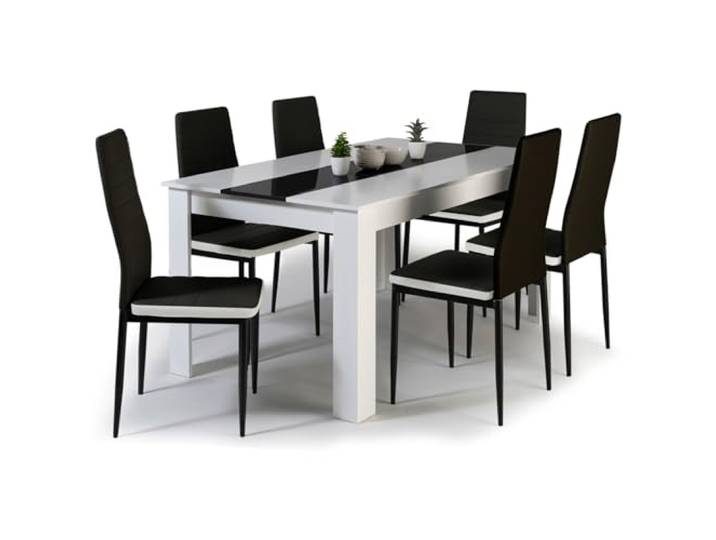 IDMarket - Set aus Esstisch Georgia 140 cm weiß und schwarz und 6 Stühlen Romane schwarz mit weißer Umrandung