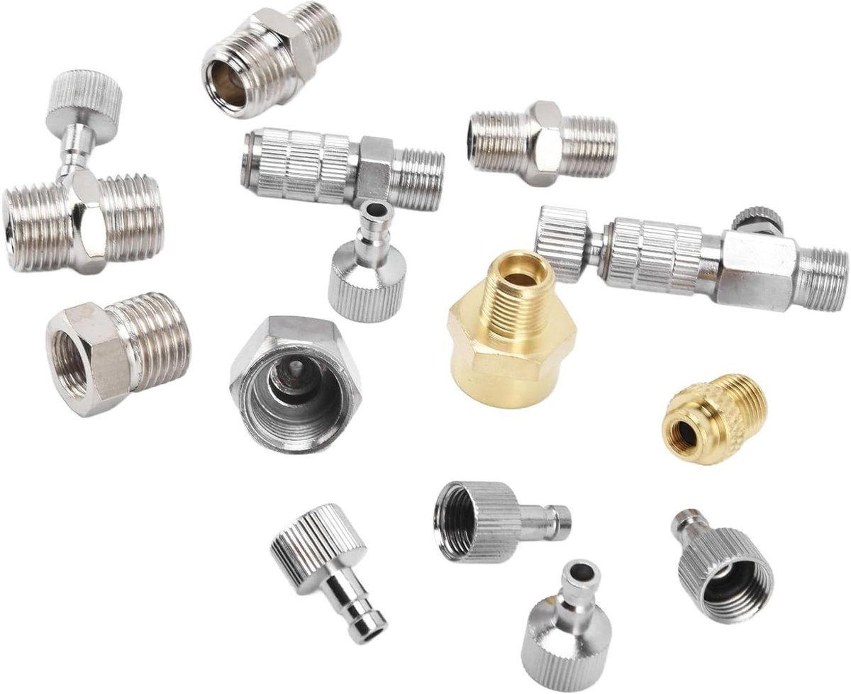 15-delige universele spuitpistooladapterset voor verfspuiten, zilver