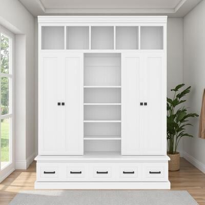 ZWYO HOSIMU 78.7''H MDF Hall Tree with Bench, 5 Storage Cubbies, 4 Doors, 5 Drawers, Adjustable Shelves, Versatile Entryway Organizer