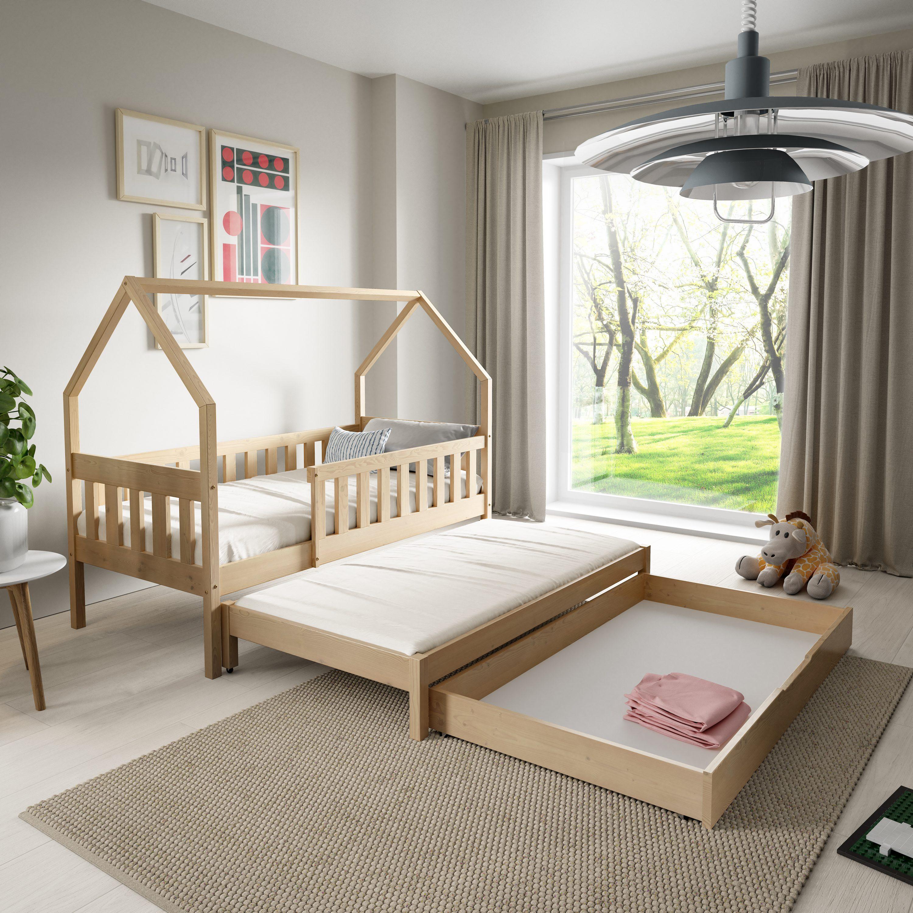 Masseno Kinderbett BAMBINA 80x160 cm mit Schublade, Rausfallschutz, Doppelbett für Mädchen und Jungs, Hausbett für Kinder, Kiefernholz