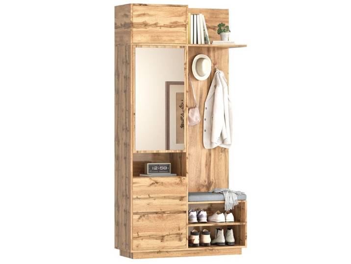 Garde-robe compacte avec miroir et banc de siège Garde-robe de couloir avec armoire à chaussures et crochets crochets à