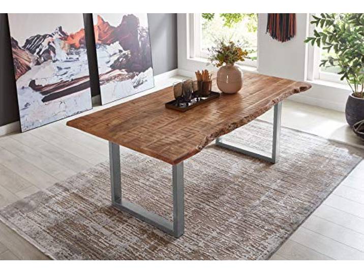 SAM Esstisch Dora 220x100 cm Mangoholz Baumkante U-Gestell silber Baumkantentisch massiv, naturfarben lackiert, 26 mm Tischplatte, Metallgestell