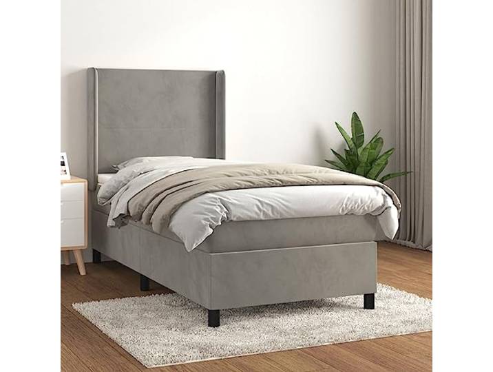 Samt Boxspringbett mit Taschenfederkern verstellbares Kopfteil 100x200 cm Boxspringbett mit Matratze Hellgrau 100x200 cm Samt Luxus Bett mit verstellbarem Kopfteil Taschenfederkern Matratze Topper