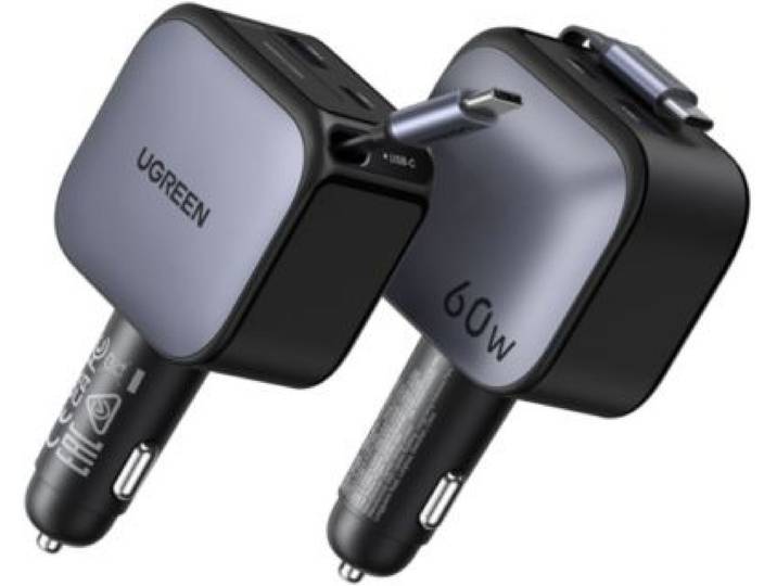 Ugreen - Chargeur Allume Cigare Retractable Usbc/Usba Noir 60w