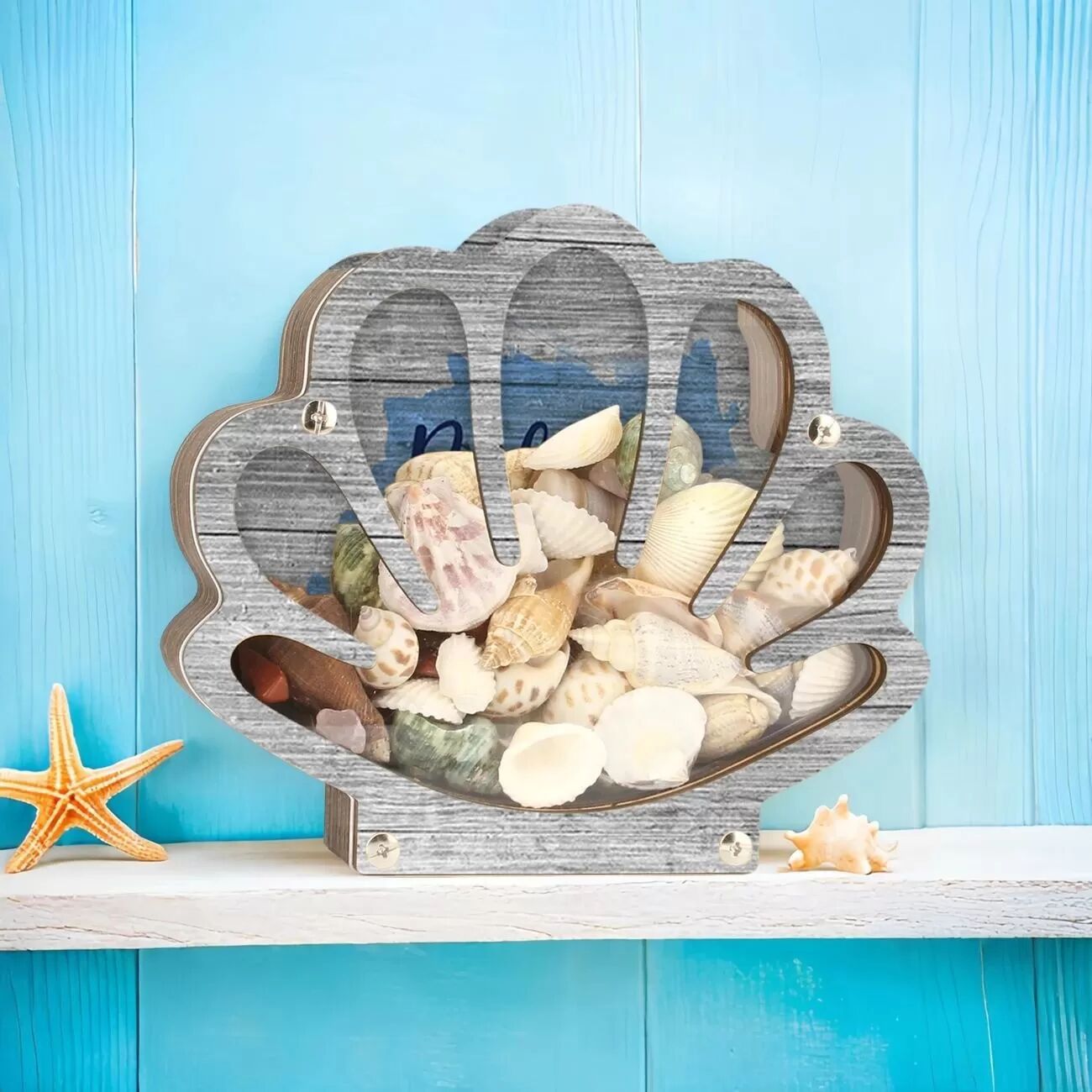 INF Boîte de Rangement en Bois en Forme de Coquillage - Décoration Côtière & Organisateur de Souvenirs Bleu