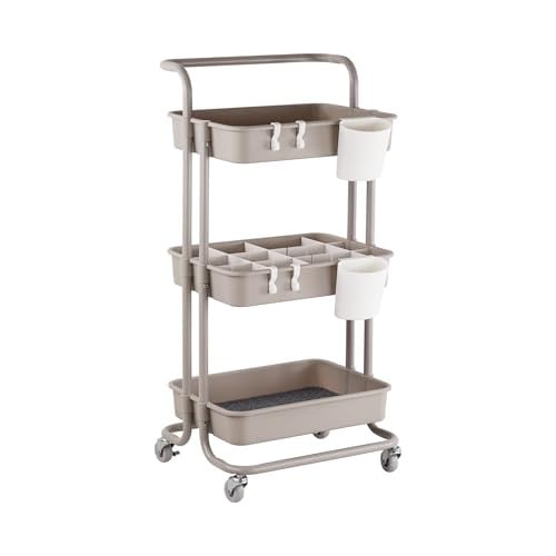 Relaxdays Rolwagen met 3 etages, beige serveerwagen voor keuken, badkamer of kantoor, H x B x D: 86 x 43 x 36 cm