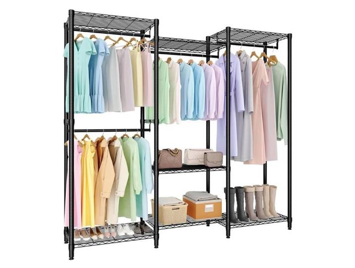Portant vêtements ajustable 4 tiges & 7 étagères Capacité 1630 lbs Acier renforcé Sans outils Noir 76 5  x 67 6  x 15 5