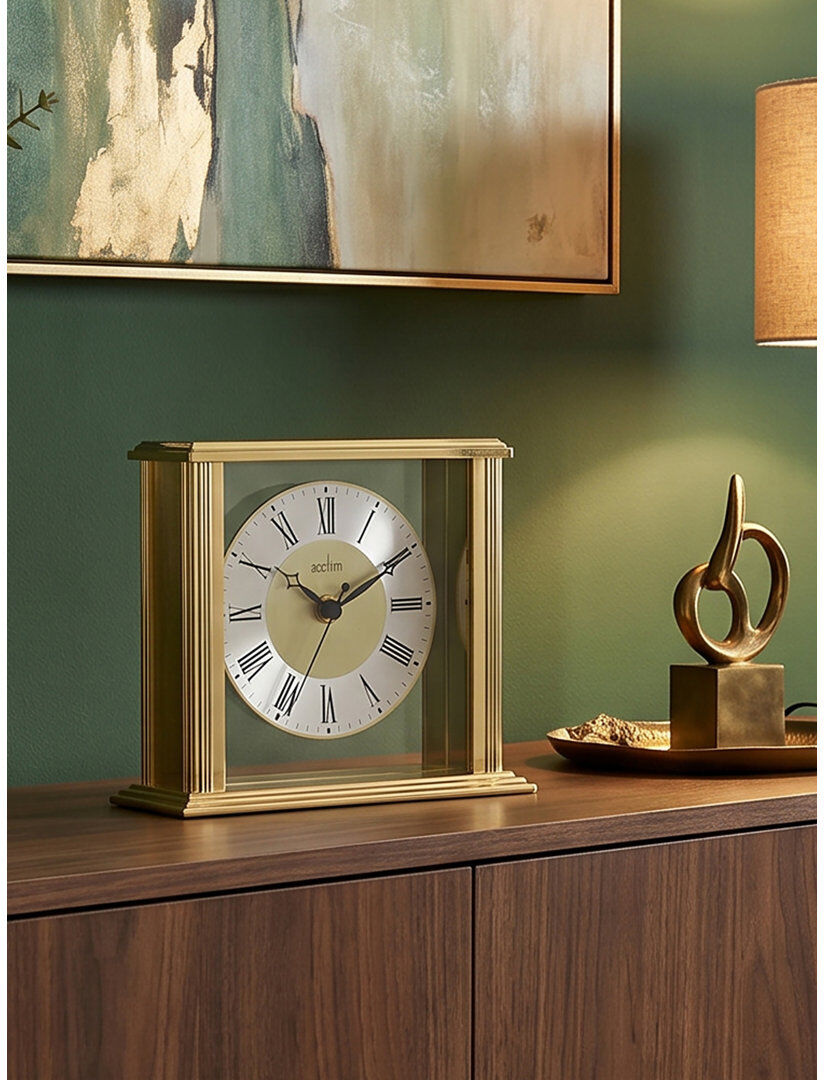 Acctim Hamilton Mantel Clock Quartz Brushed Metal & Glass Floating Effect Energy Efficient Brass Polished Brass 13.7cm H X 15.5cm W X 6.8cm D