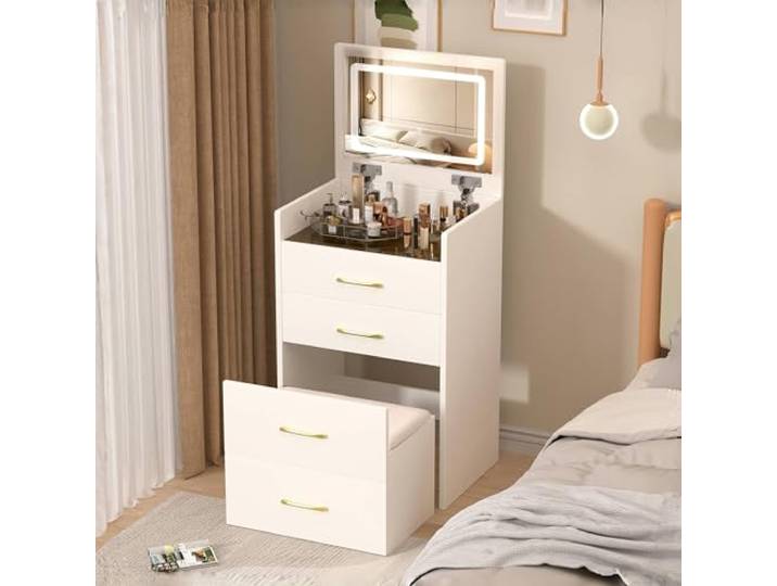 Leavader 3-in-1-Schminktisch mit offenem Spiegel, kleines Schminktisch-Set mit Tischplatte aus Klarglas, kompakter Schminktisch mit 3 Schubladen,Maße:B60/H118/T40 cm