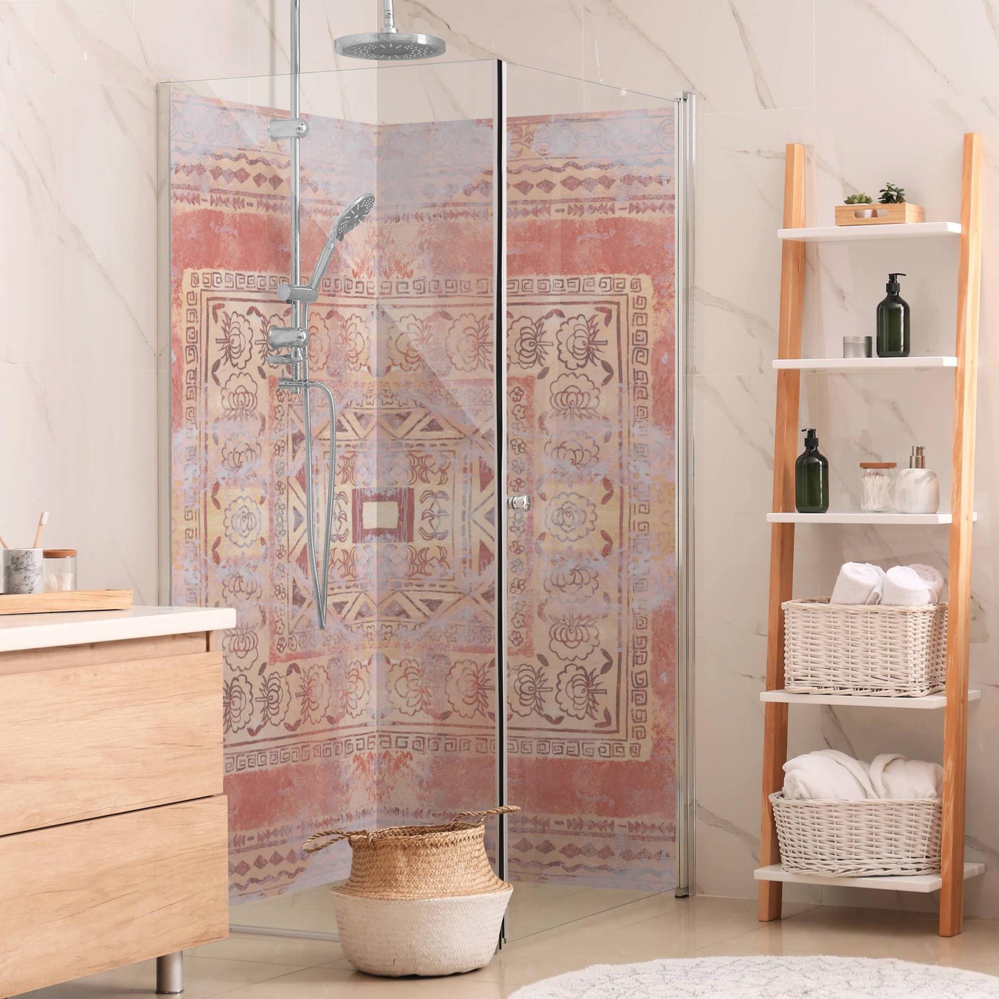 Duschrückwand Muster selbstklebend - 0.61 mm Wandpaneel wasserfest Ornament rot Orientalisch Badrückwand fugenlos Premium matt 100x210 cm