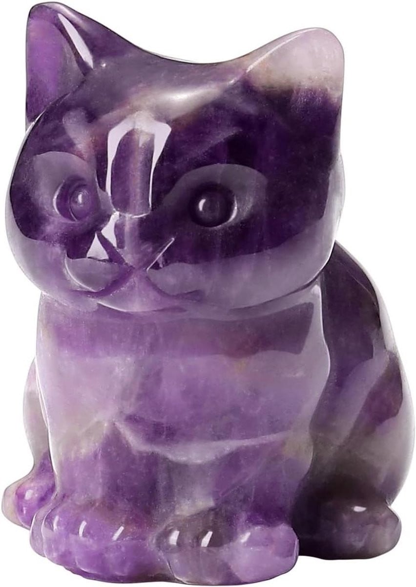 Amethist Katbeeldje - Handgesneden Paarse Kristallen Kat Decoratie - Hoogte: 3.8 cm