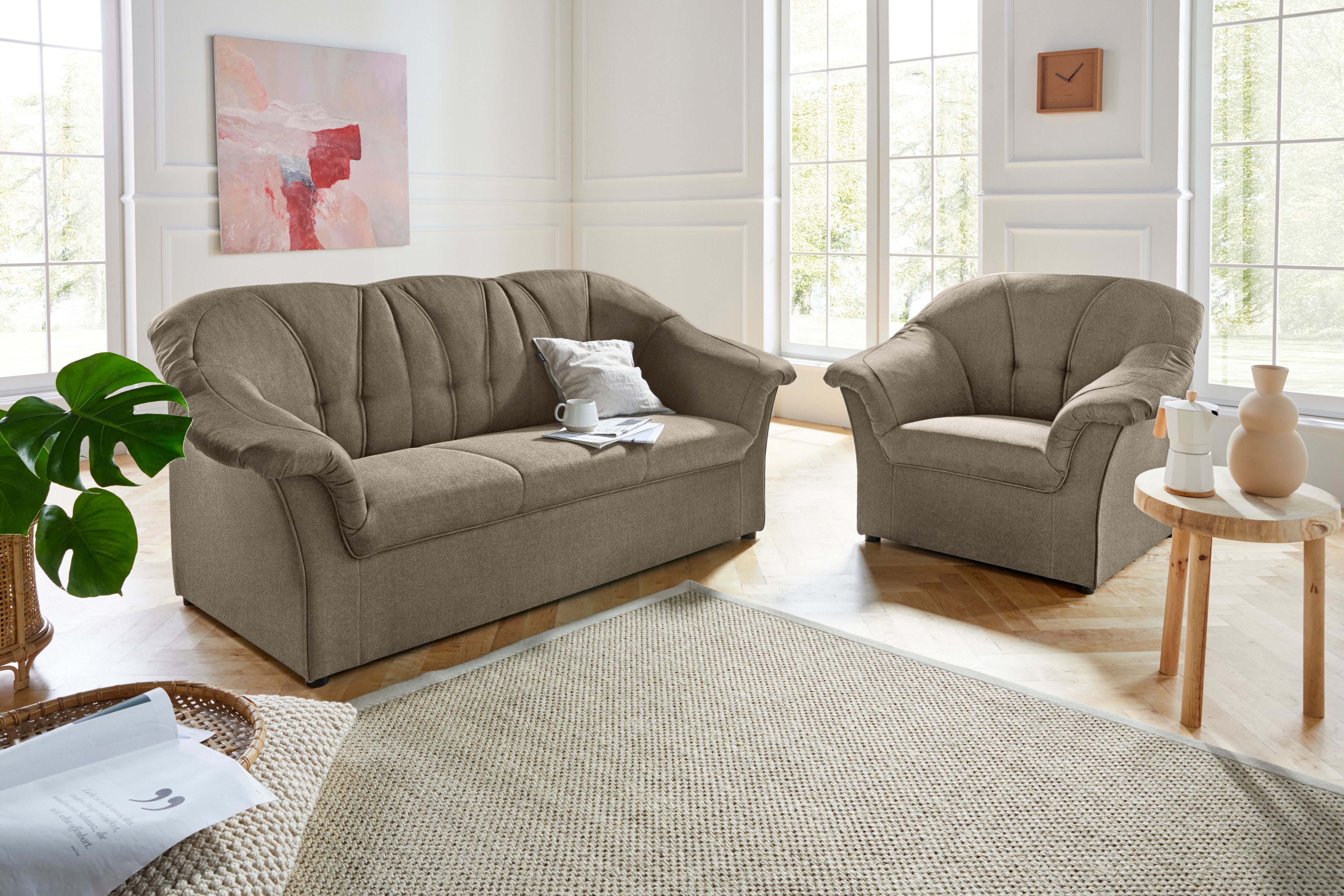 Polstergarnitur DOMO COLLECTION "Pegnitz zeitlos und elegant", braun (schlamm), Chenille-Optik, 95% Polyester, 5% Nylon, Sitzmöbel-Sets, Polstergarnitur, Sessel und 3-Sitzer