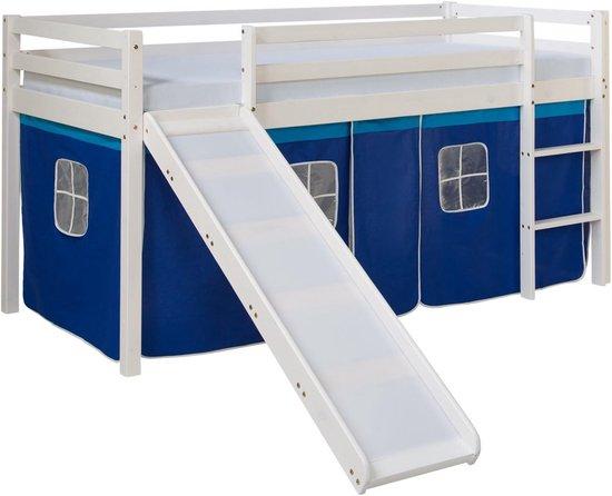Kinderbett aus massivem Holz mit Leiter und Rutsche - Blau