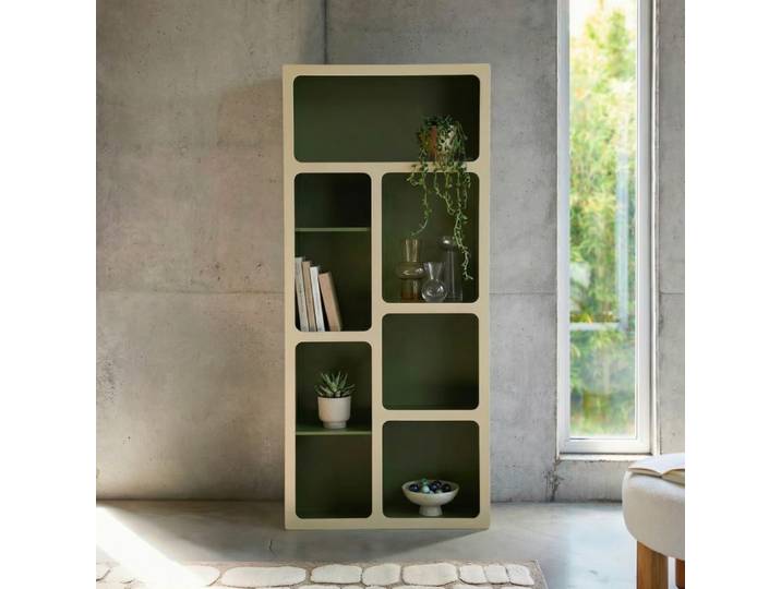 Etagère bibliothèque organique décor bois 8 compartiments kaki -