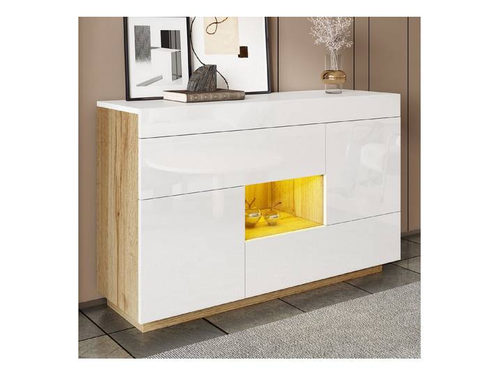 Fine Life Pro Sideboard Hochglanz-Sideboard mit Vitrine & farbwechselnder LED-Beleuchtung., Stilvolle Kommode mit Schubladen – perfekt für moderne Wohnräume.