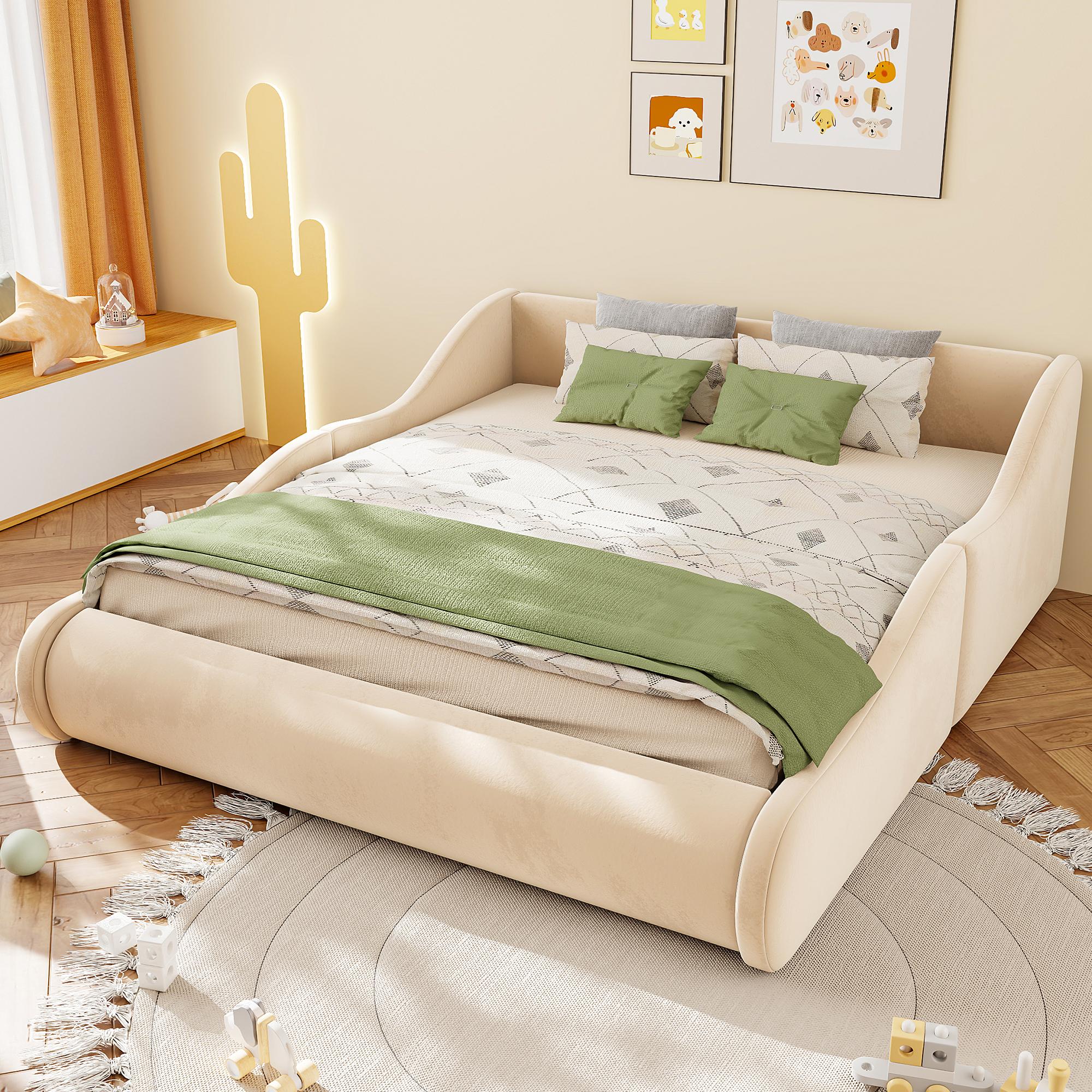 STILVORA Polsterbett 140x200 cm mit Matratze Bettgestell mit hohem Kopfteil, Kinderbett mit Seitenschutzgittern, Einzelbett aus Samt in Beige