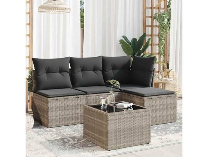 WDGJJFECNMUEHI Résine tressée lavable Salon terrasse Patio Gris Salon de jardin 5 pcs avec coussins gris clair, résine tressée, canapé modulable + table verre, ensemble terrasse patio