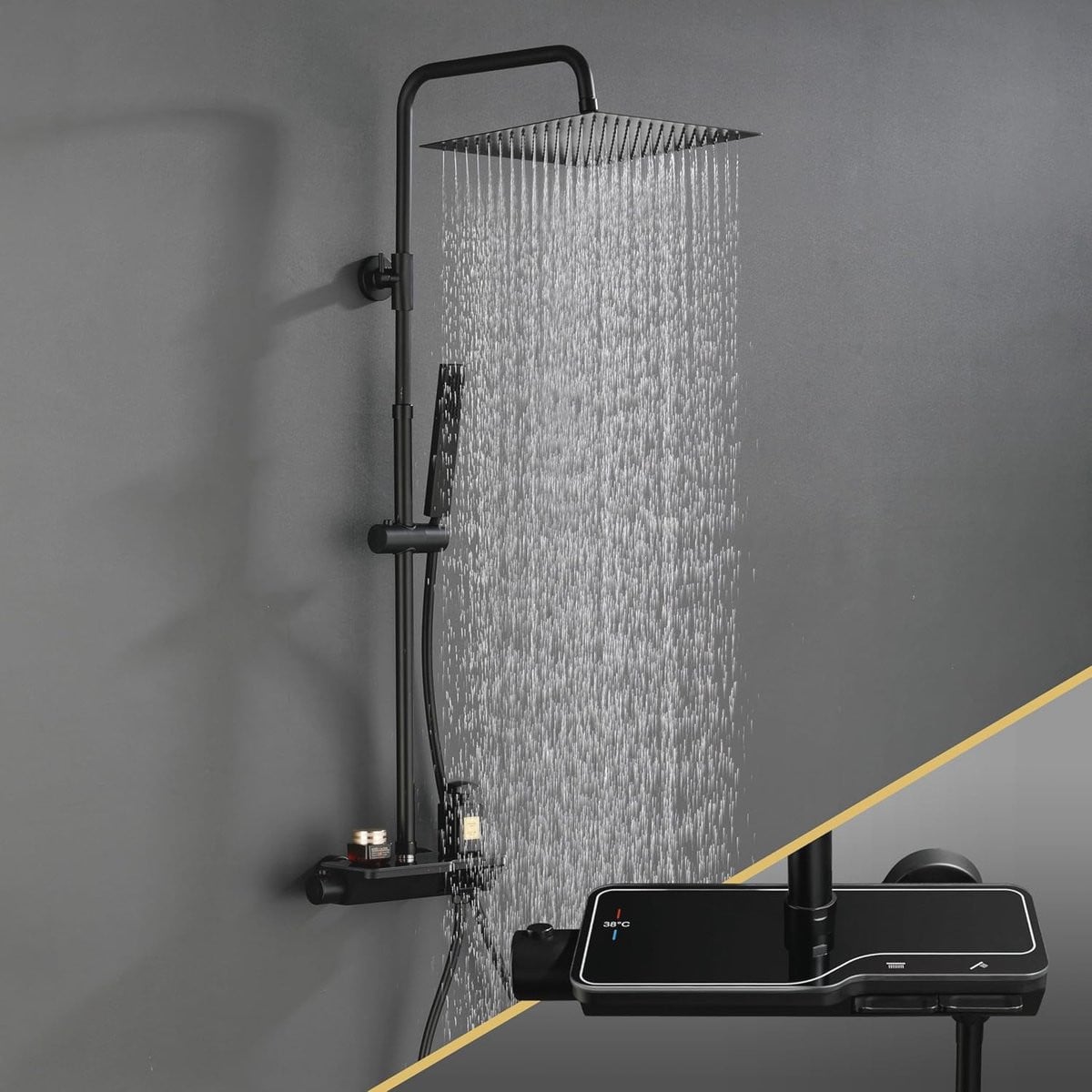 Modern Zwart Douchesysteem met Thermostaat, Regendouche en Handdouche van Roestvrij Staal