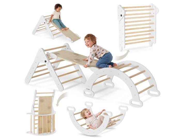 Klettergerüst Monti, 8in1, indoor, aus Holz, ab 1 Jahr - hellgrau