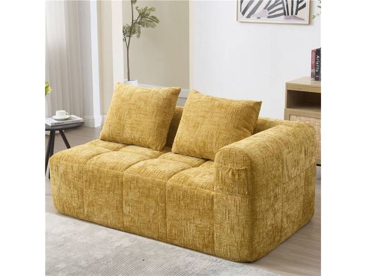 Canapé 2 places jaune très confortable prêt à l'emploi coussin douillet + poches latérales pratiques look stylé et bien rangé